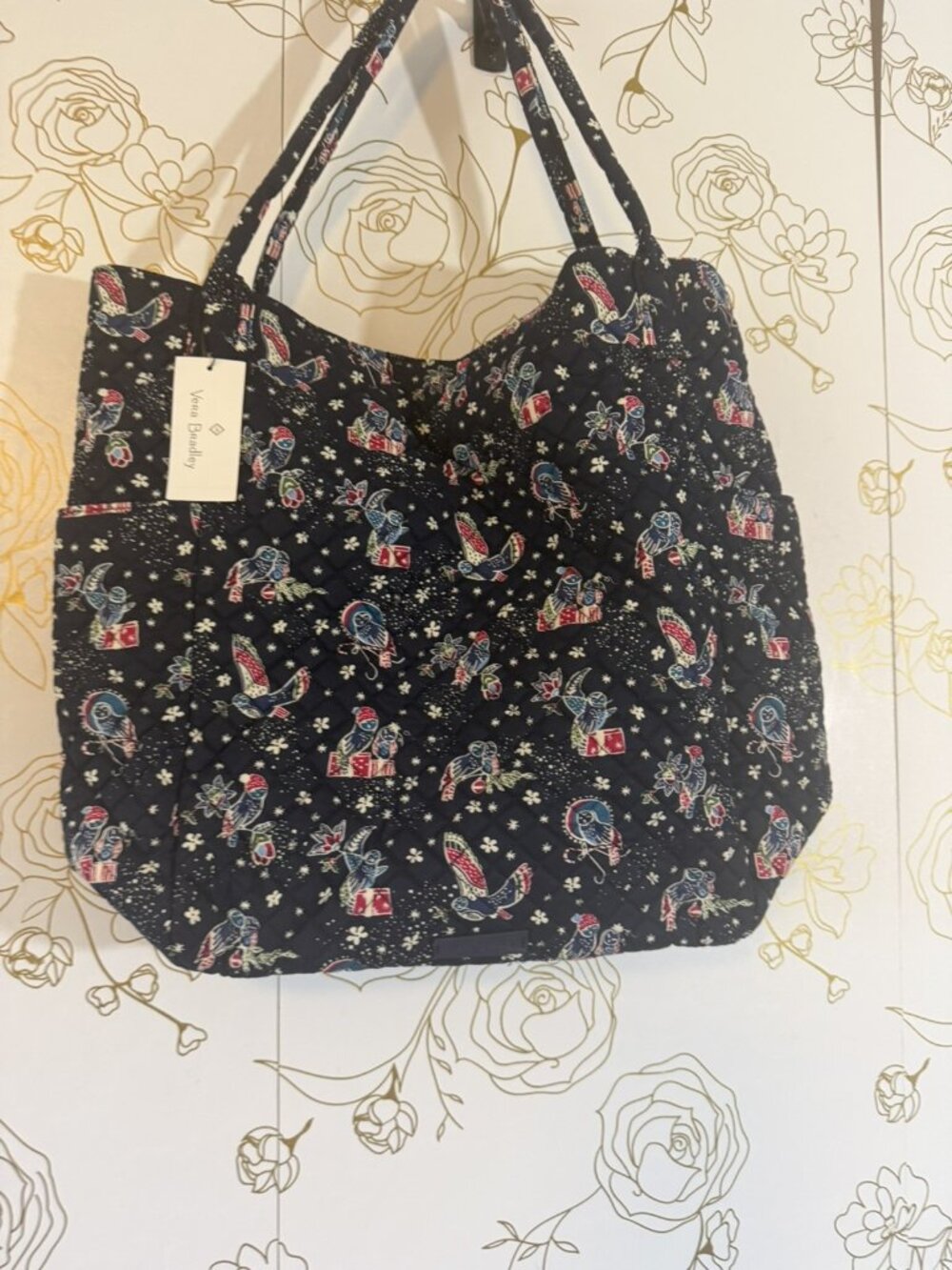 Vera Bradley Holiday Owls Large Tote Navy Background RETIRED NEW